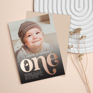 Modern Minimalist Boho First Birthday Photo Foil Invitation