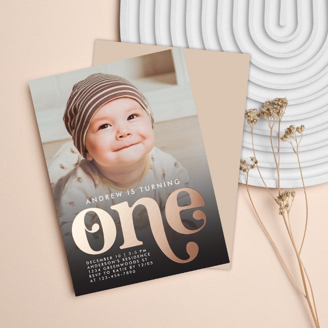 Modern Minimalist Boho First Birthday Photo  Foil Invitation (Creator Uploaded)