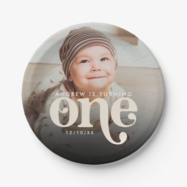 Modern Minimalist Boho First Birthday Photo  Paper Plates (Front)