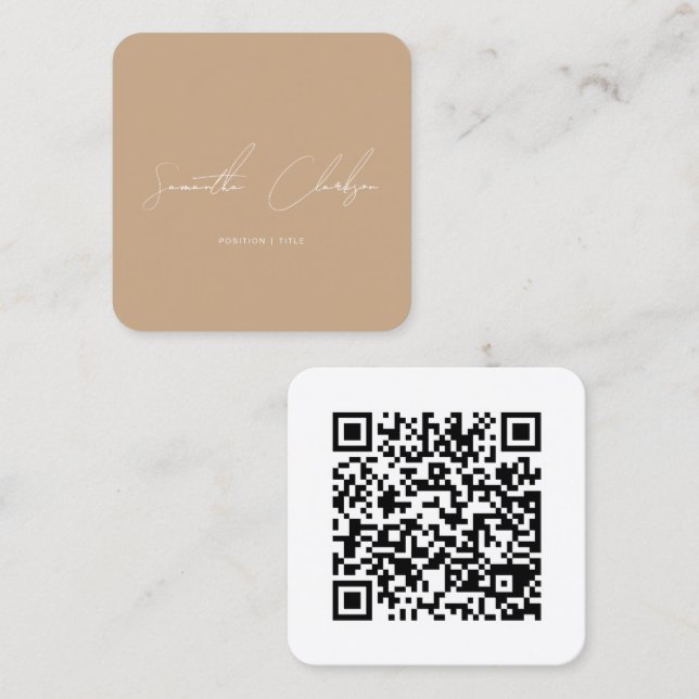 Modern Minimalist Boho Handwritten Script QR Code Square Business Card (Front/Back)