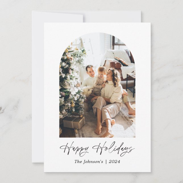 Modern Minimalist Boho Happy Holidays Arched Photo Invitation (Front)