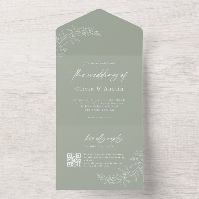Modern Minimalist Boho Sage Green QR Code Wedding All In One Invitation (Inside)
