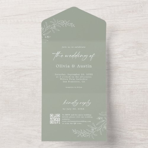 Modern Minimalist Boho Sage Green QR Code Wedding All In One Invitation
