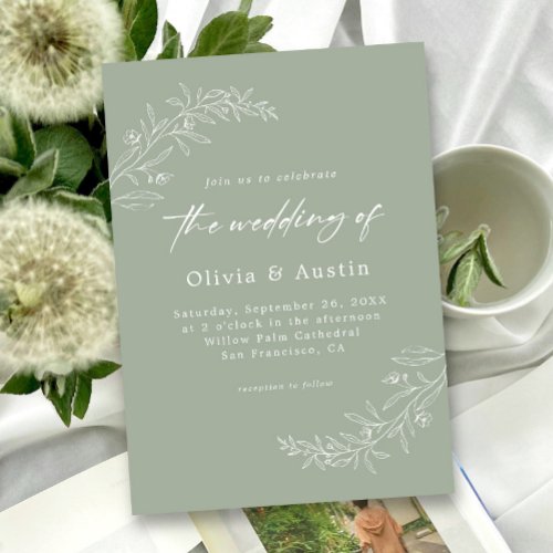 Modern Minimalist Boho Sage Green QR Code Wedding Invitation