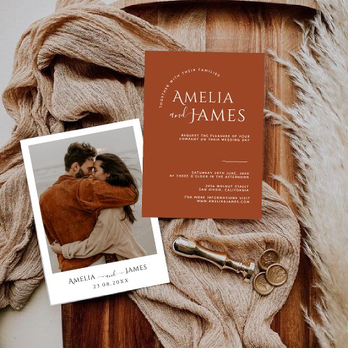 Modern Minimalist Boho Terracotta photo Wedding Invitation