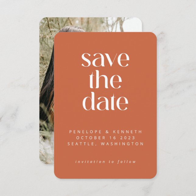 Modern Minimalist Boho Terracotta Simple Photo Save The Date (Front/Back)