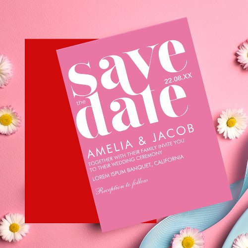 Modern minimalist Bold Bright Pink and red Wedding Save The Date