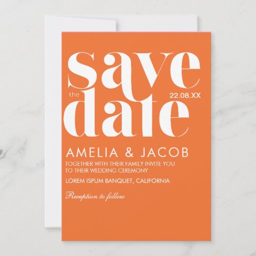 Modern minimalist Bold fun Bright Orange Wedding Save The Date