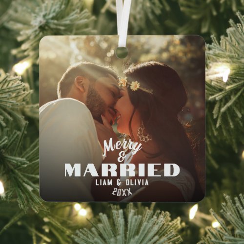Modern Minimalist Bold Merry and Married Photo  Metal Ornament