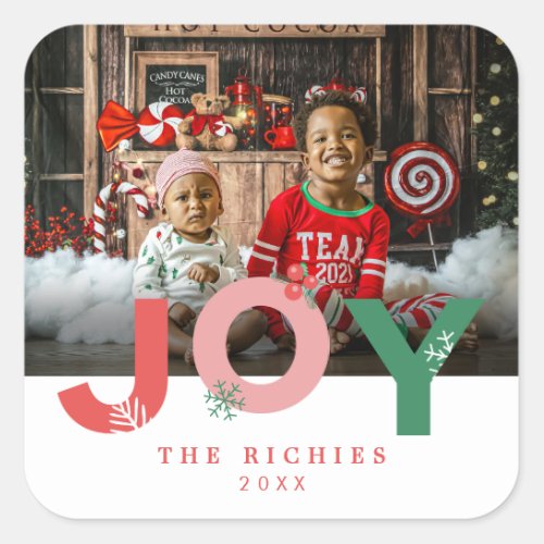 Modern Minimalist Bold Script Joy Photo Holiday Square Sticker