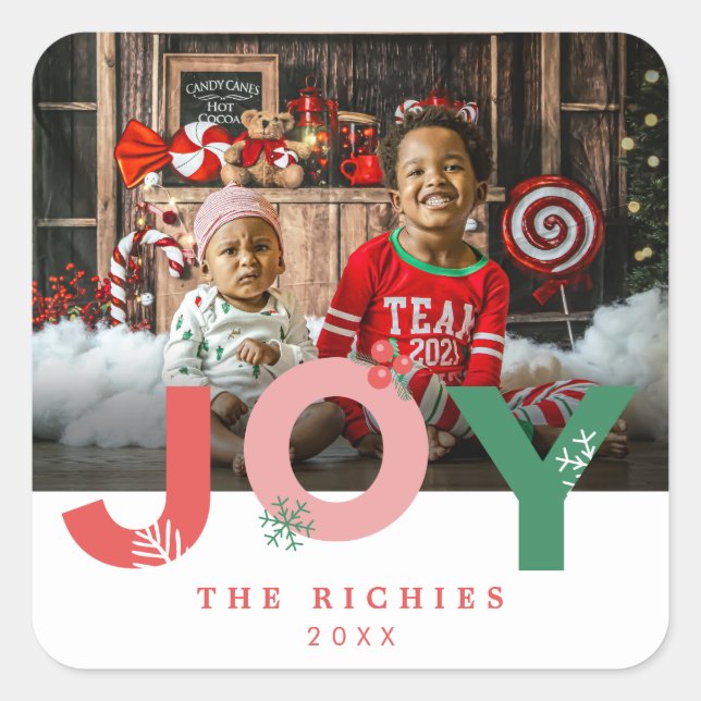 Modern Minimalist Bold Script Joy Photo Holiday Square Sticker (Front)