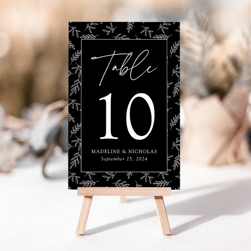 Modern Minimalist Botanical Black Wedding Table Number