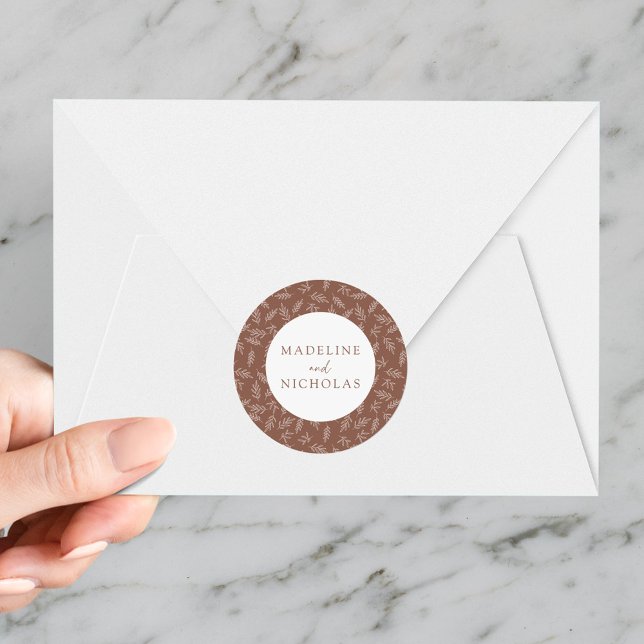 Modern Minimalist Botanical Brown Clay Wedding Classic Round Sticker (Creator Uploaded)
