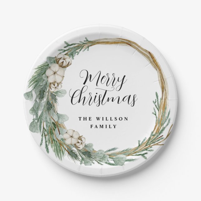 Modern Minimalist Botanical Christmas  Paper Plates (Front)