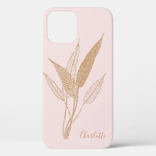 Modern Minimalist Botanical Leaves Blush Gold Name iPhone 12 Case