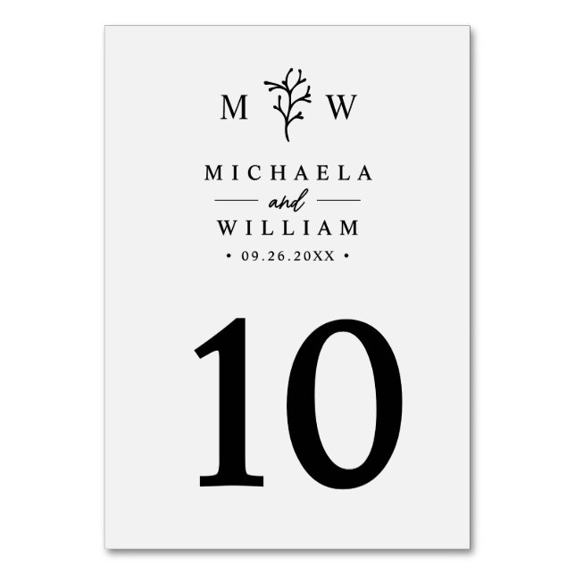 Modern Minimalist Botanical Monogram Wedding Table Number (Front)