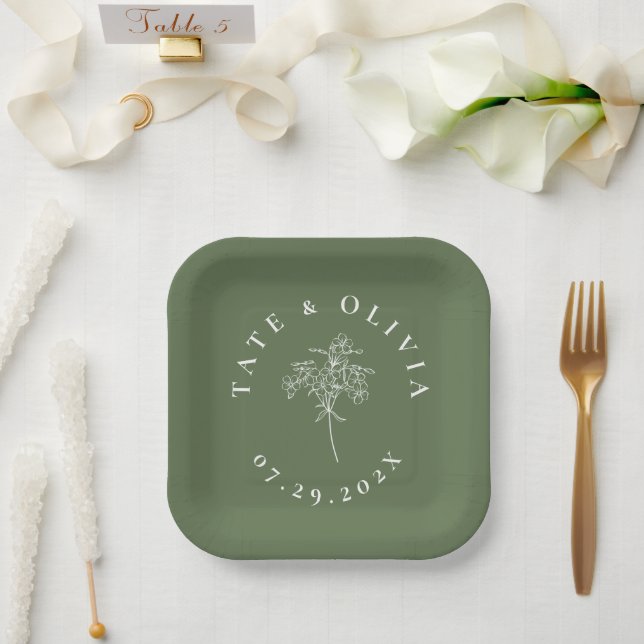 Modern Minimalist Botanical Wedding Couple Paper Plates (Wedding)