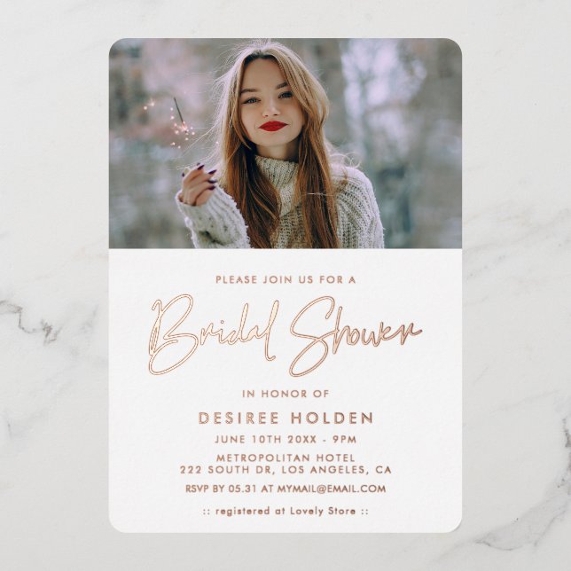 Modern minimalist bridal shower photo foil invitation (Front)