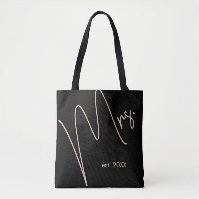 Modern Minimalist Bride | Black + Beige Script Tote Bag (Front)
