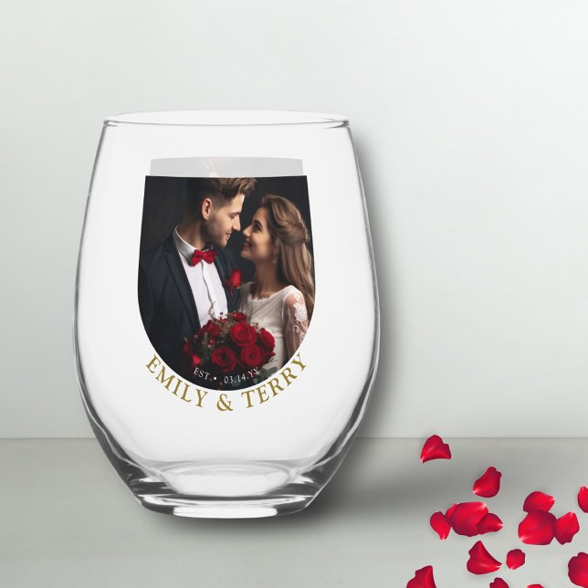 Modern Minimalist Bride & Groom Wedding Photo Stemless Wine Glass (Creator Uploaded)