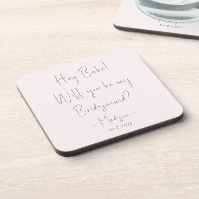 Modern Minimalist Bridesmaid Proposal Script Blush Beverage Coaster (Left Side)