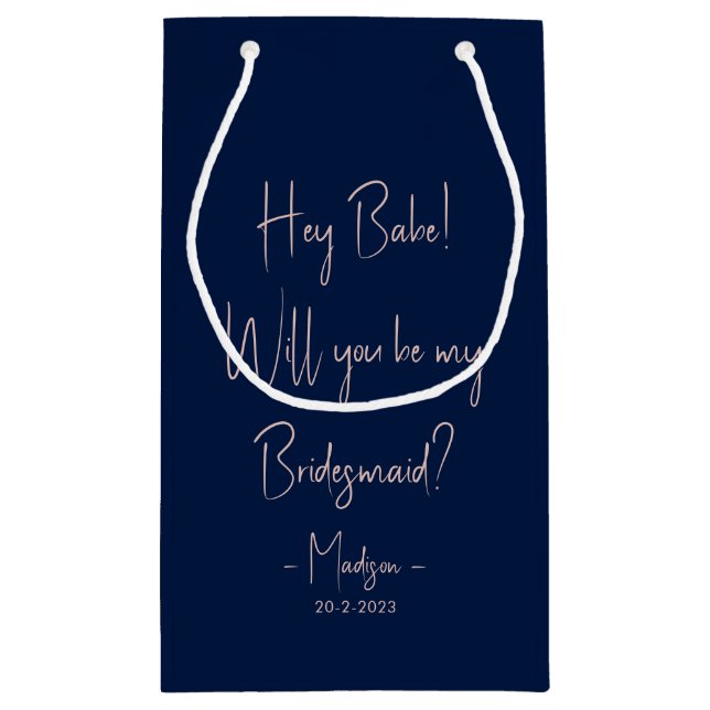 Modern Minimalist Bridesmaid Proposal Script Navy  Small Gift Bag (Back)