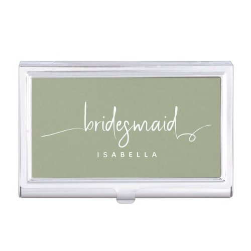 Modern Minimalist Bridesmaid Script Sage Green Business Card Case