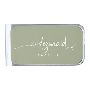 Modern Minimalist Bridesmaid Script Sage Green Silver Finish Money Clip