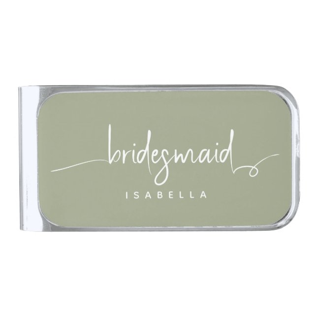 Modern Minimalist Bridesmaid Script Sage Green Silver Finish Money Clip (Front)