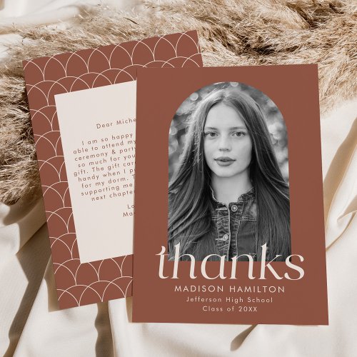 Modern Minimalist Brown Arch Photo Graduation Thank You Card