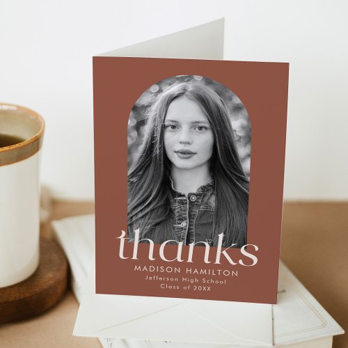 Modern Minimalist Brown Arch Photo Graduation Thank You Card