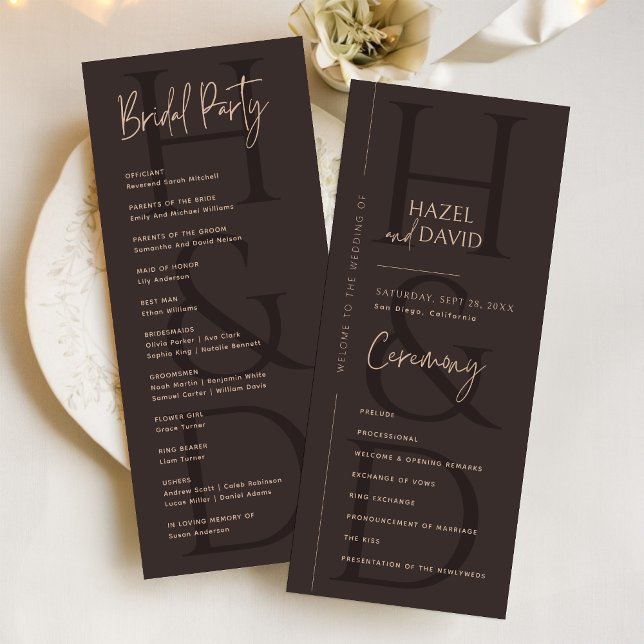 Modern Minimalist Brown Monogram Wedding Program (Modern minimalist brown monogram wedding program adds a warm, elegant touch to your ceremony.)