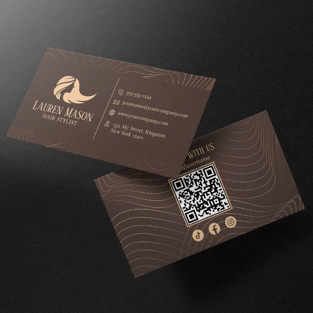 Modern Minimalist Brown Peach Hair Stylist QR Code Business Card (Creator Uploaded)
