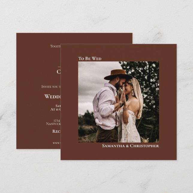 Modern Minimalist Brown Square Photo Wedding Invitation (Front/Back)