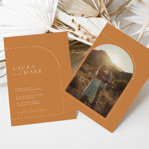 Modern Minimalist Brunt Orange Arch Photo Wedding Invitation