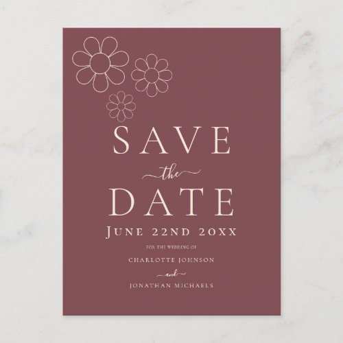 Modern Minimalist Burgundy Daisy Wedding Invitation Postcard