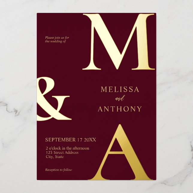 Modern Minimalist Burgundy Gold Monogram Wedding Foil Invitation (Front)