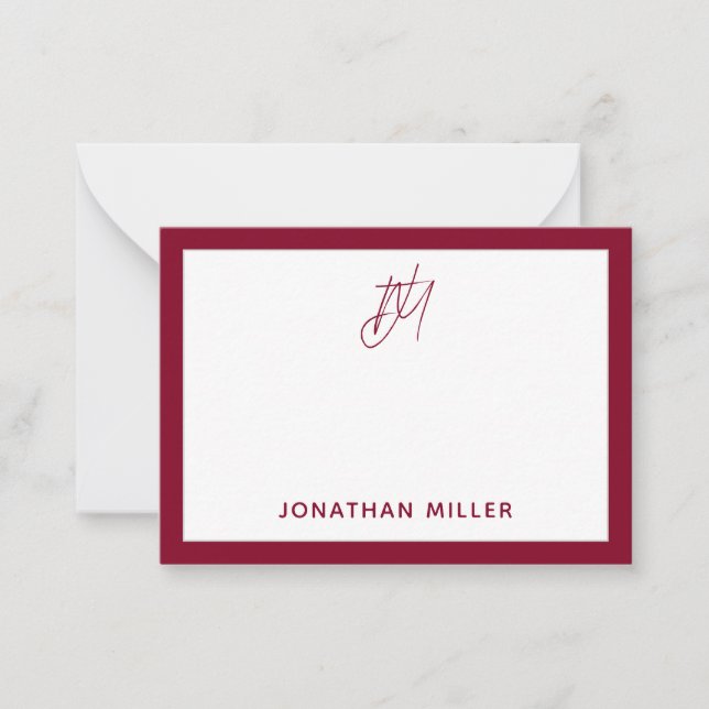 Modern Minimalist Burgundy Monogram Note Card (Front)