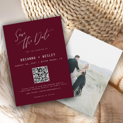 Modern Minimalist Burgundy QR Code Photo  Save The Date