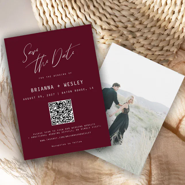 Modern Minimalist Burgundy QR Code Photo Save The Date | Zazzle
