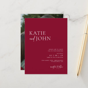 Modern Minimalist Burgundy Red Wedding Photo Announcement Postcard