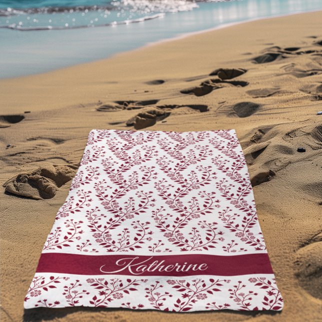 Modern Minimalist Burgundy Red White Floral Script Beach Towel (Creator Uploaded)