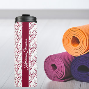 Modern Minimalist Burgundy Red White Floral Script Thermal Tumbler