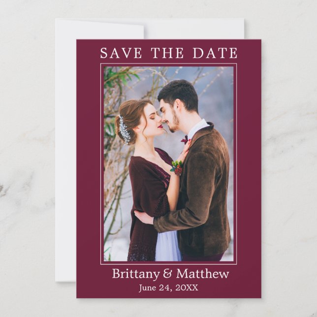 Modern Minimalist Burgundy Save The Date (Front)