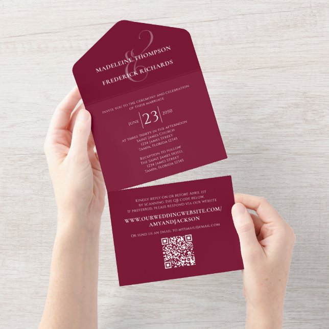 Modern Minimalist Burgundy Simple QR Code Website All In One Invitation (Tearaway)