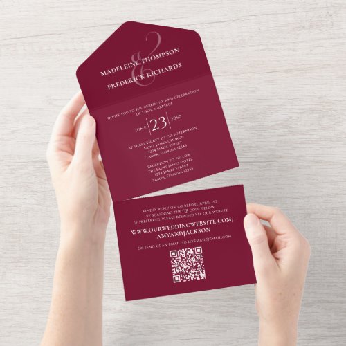 Modern Minimalist Burgundy Simple QR Code Website All In One Invitation