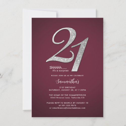 Modern Minimalist Burgundy Surprise 21st Birthday Invitation