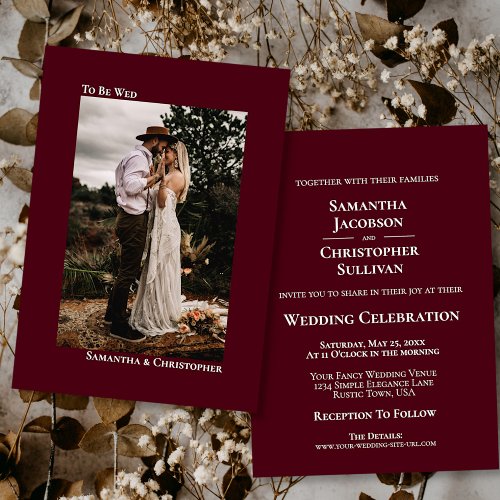 Modern Minimalist Burgundy Vertical Photo Wedding Invitation