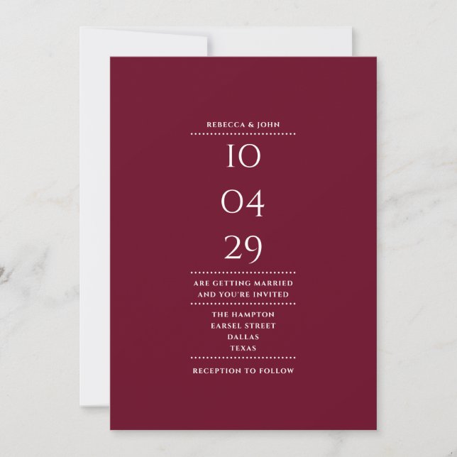 Modern Minimalist Burgundy Wedding Date Invitation (Front)