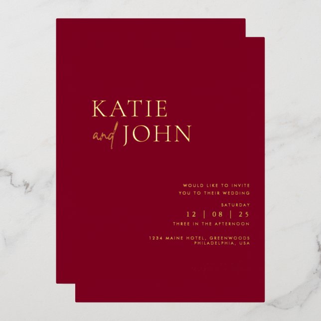 Modern Minimalist Burgundy Wedding Foil Invitation (Front/Back)